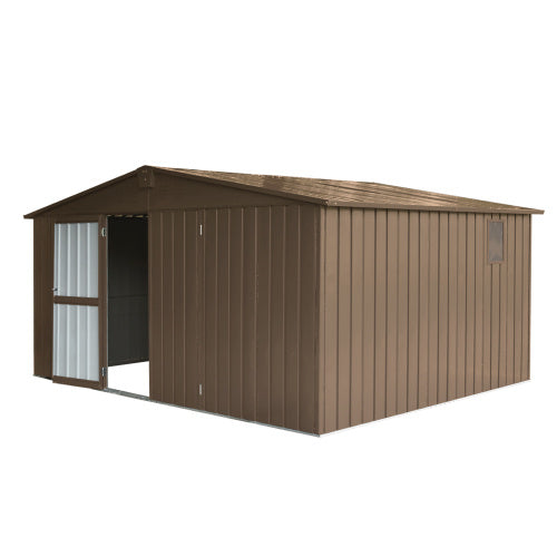 11x12.5 ft Brown Outdoor Metal Storage Shed with Galvanized Steel Frame, Windows, and Lockable Door – Garden Tool and Utility Shed