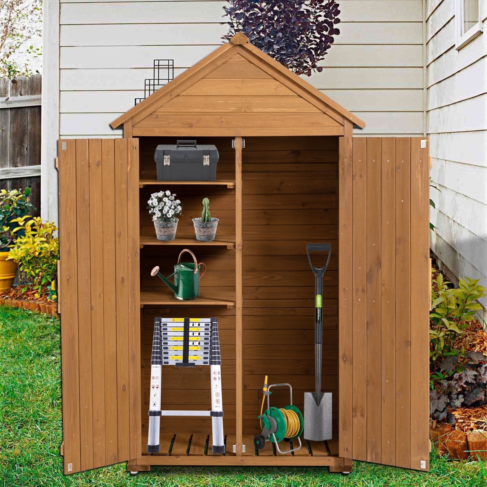 Outdoor Wooden Storage Cabinet with Shelves and Latch – Garden Tool Shed