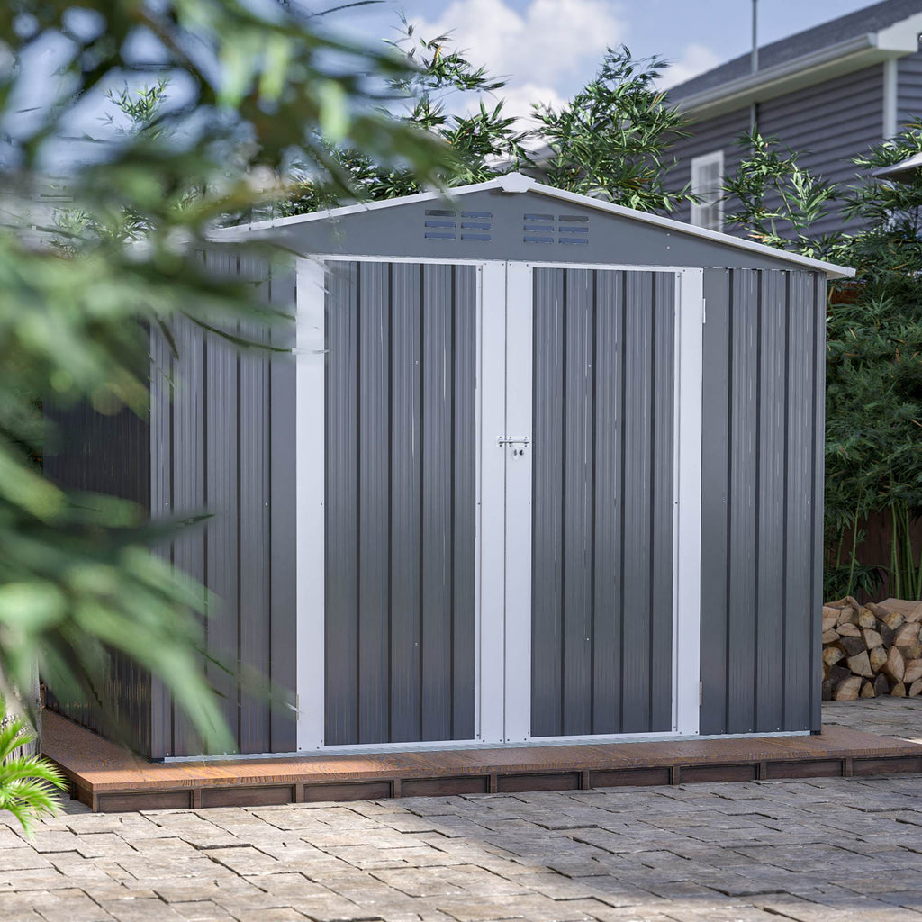 8x6 ft Gray Outdoor Waterproof Metal Storage Shed with Lockable Hinged Doors, Floor Frame, and Air Vents – Garden and Backyard Tool Shed