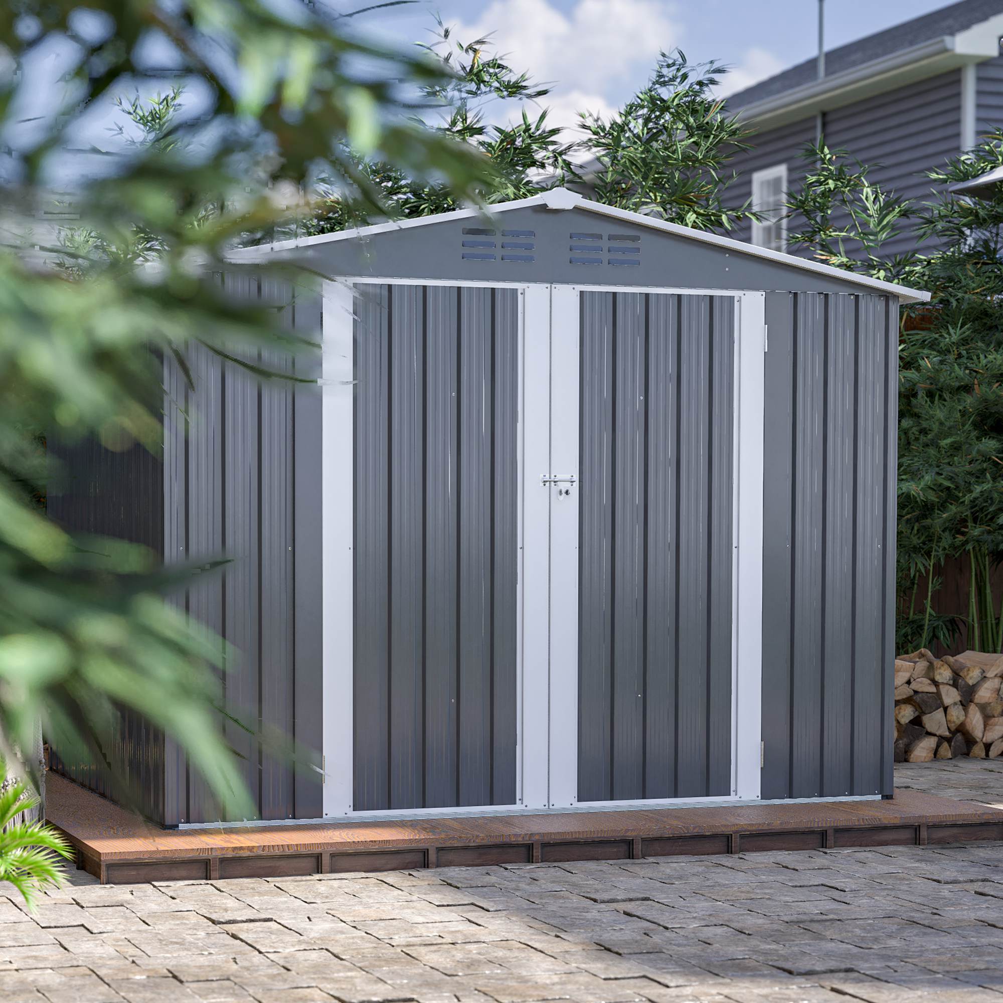 8x6 ft Gray Outdoor Waterproof Metal Storage Shed with Lockable Hinged Doors, Floor Frame, and Air Vents – Garden and Backyard Tool Shed