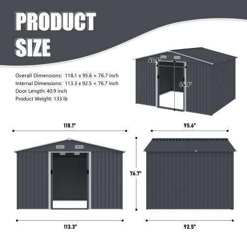 8x10 ft Grey Outdoor Metal Storage Shed with Sliding Doors and Air Vent – Heavy-Duty Tool and Bike Shed for Patio, Lawn, and Garden