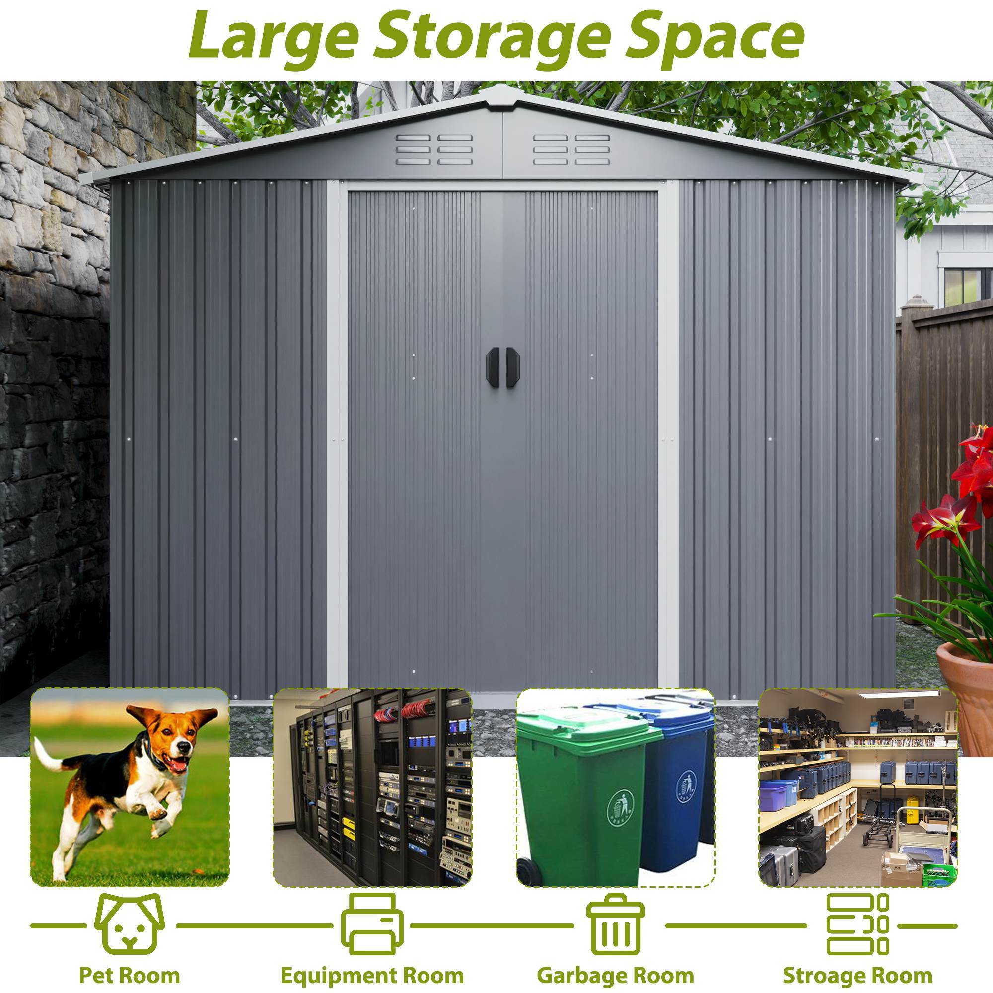 8x6 ft Gray Outdoor Metal Storage Shed with Foundation and Lockable Doors – All-Weather Tool Shed for Garden, Patio, and Backyard