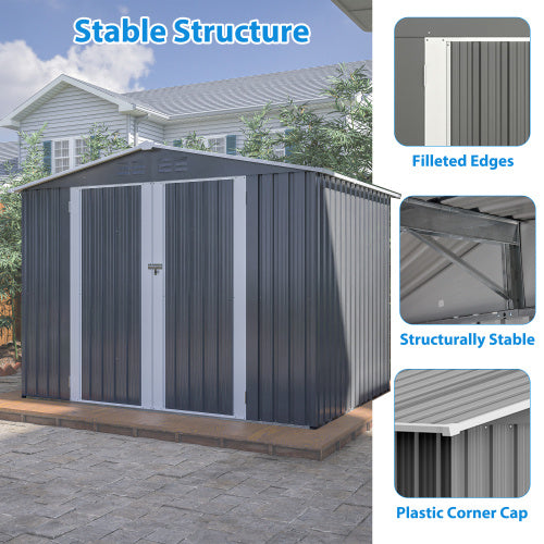 8x6 ft Gray Outdoor Waterproof Metal Storage Shed with Lockable Hinged Doors, Floor Frame, and Air Vents – Garden Tool Shed for Backyard and Lawn