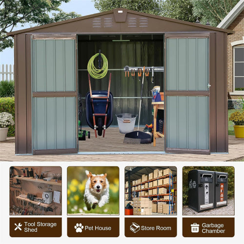 10x8 ft Brown Outdoor Metal Storage Shed with Lockable Double Doors – Large Waterproof Tool and Bike Shed for Garden and Backyard