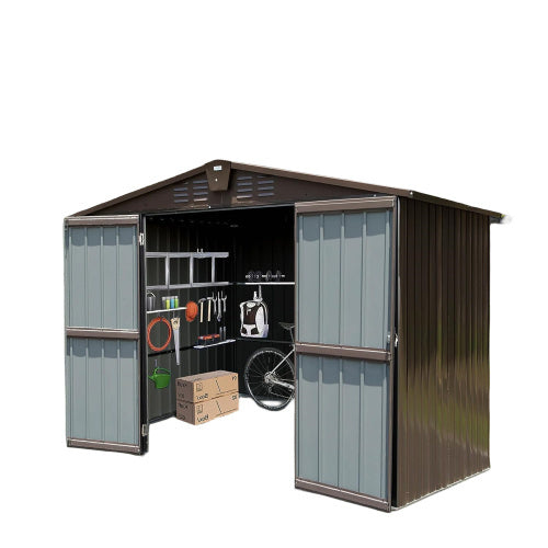 10x8 ft Brown Outdoor Metal Storage Shed with Lockable Double Doors – Large Waterproof Tool and Bike Shed for Garden and Backyard