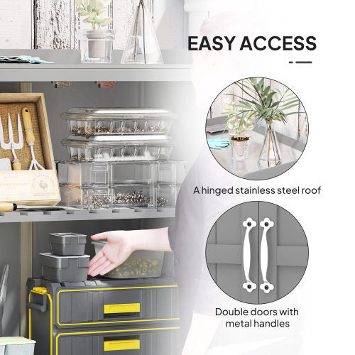 Outsunny Grey Wooden Garden Shed with Hinged Roof, Shelf, and Double Doors – Outdoor Tool Storage Cabinet