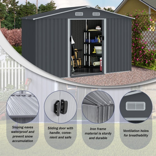 8x10 ft Grey Outdoor Metal Storage Shed with Sliding Doors and Air Vent – Heavy-Duty Tool and Bike Shed for Patio, Lawn, and Garden