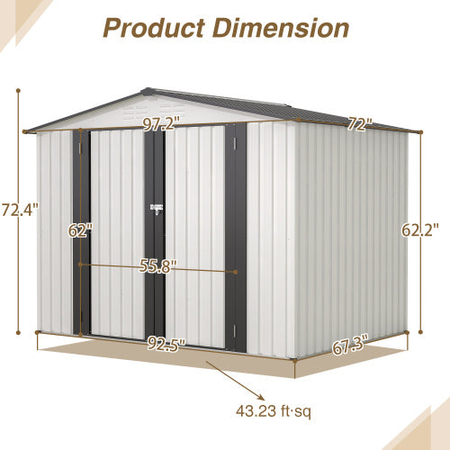 8x6 ft White Outdoor Metal Storage Shed with Double Lockable Doors – All-Weather Tool Shed for Garden, Backyard, and Lawn