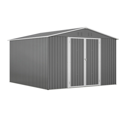 10x10 ft Grey Outdoor Metal Storage Shed with Lockable Doors – Large Garden and Tool Shed for Backyard, Patio, and Lawn