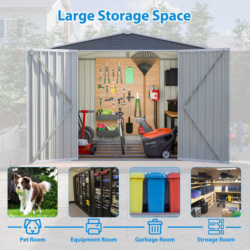 8x6 ft Gray Outdoor Waterproof Metal Storage Shed with Lockable Hinged Doors, Floor Frame, and Air Vents – Garden and Backyard Tool Shed