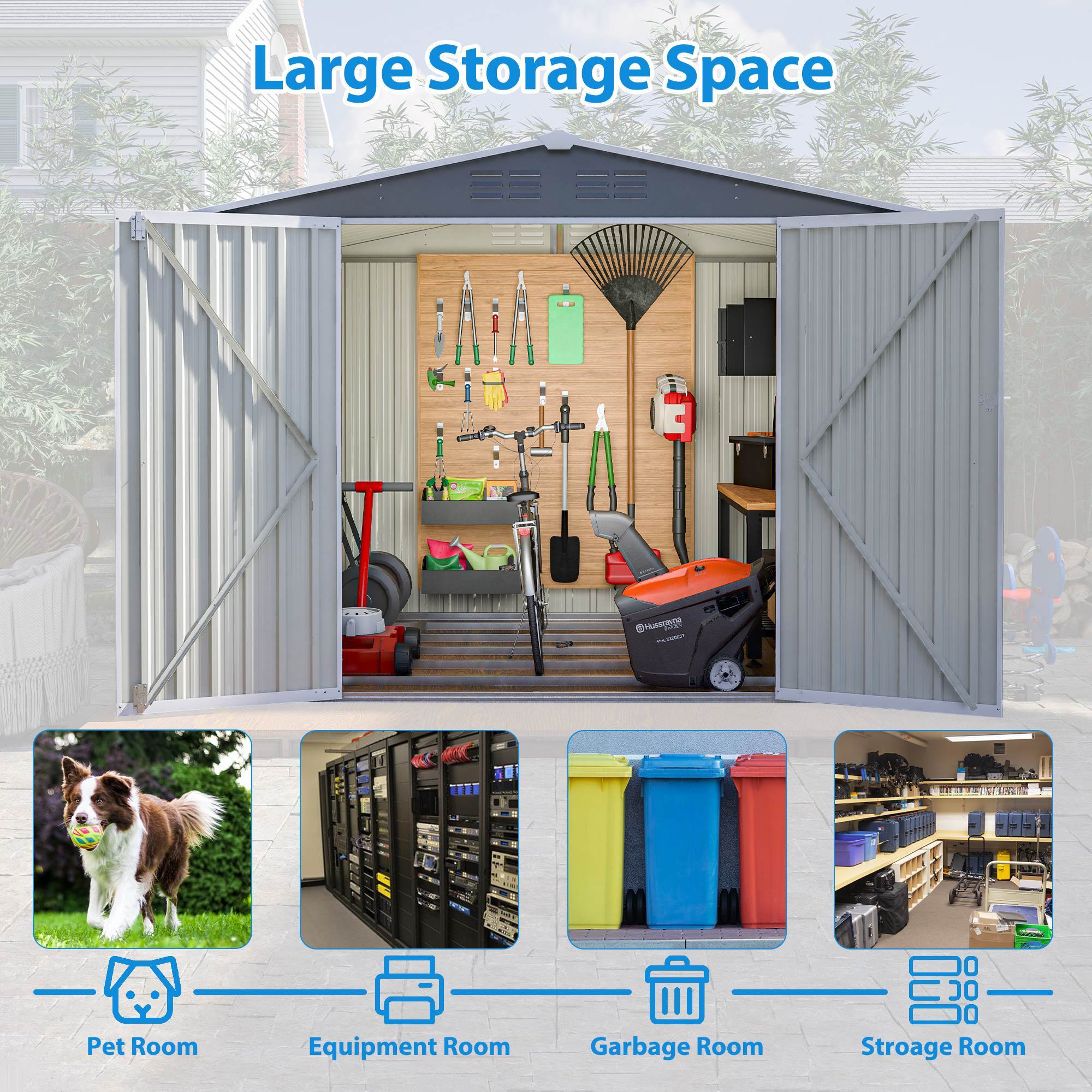 8x6 ft Gray Outdoor Waterproof Metal Storage Shed with Lockable Hinged Doors, Floor Frame, and Air Vents – Garden and Backyard Tool Shed