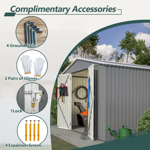 10x10 ft Grey Outdoor Metal Storage Shed with Lockable Doors – Large Garden and Tool Shed for Backyard, Patio, and Lawn