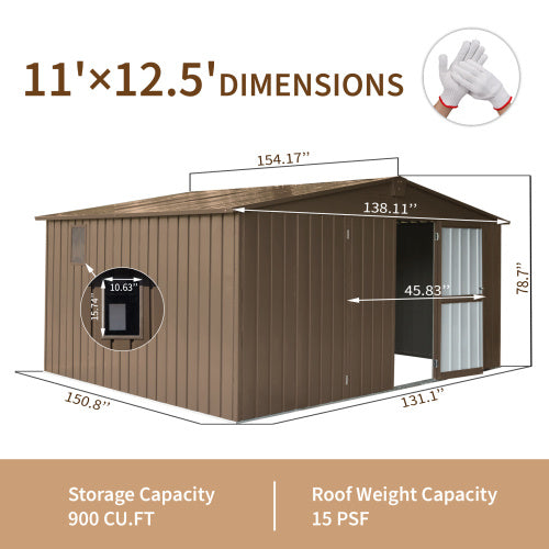 11x12.5 ft Brown Outdoor Metal Storage Shed with Galvanized Steel Frame, Windows, and Lockable Door – Garden Tool and Utility Shed