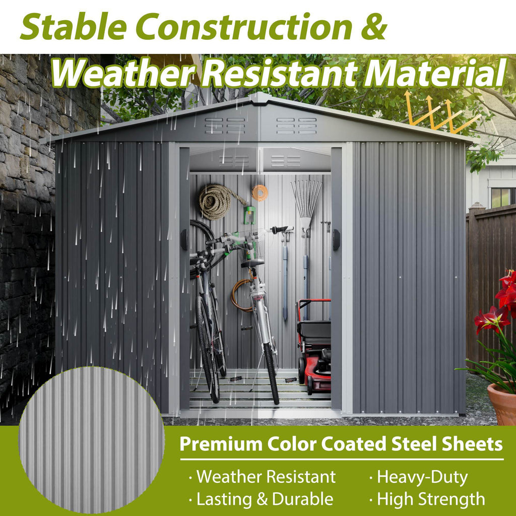 8x6 ft Gray Outdoor Metal Storage Shed with Foundation and Lockable Doors – All-Weather Tool Shed for Garden, Patio, and Backyard