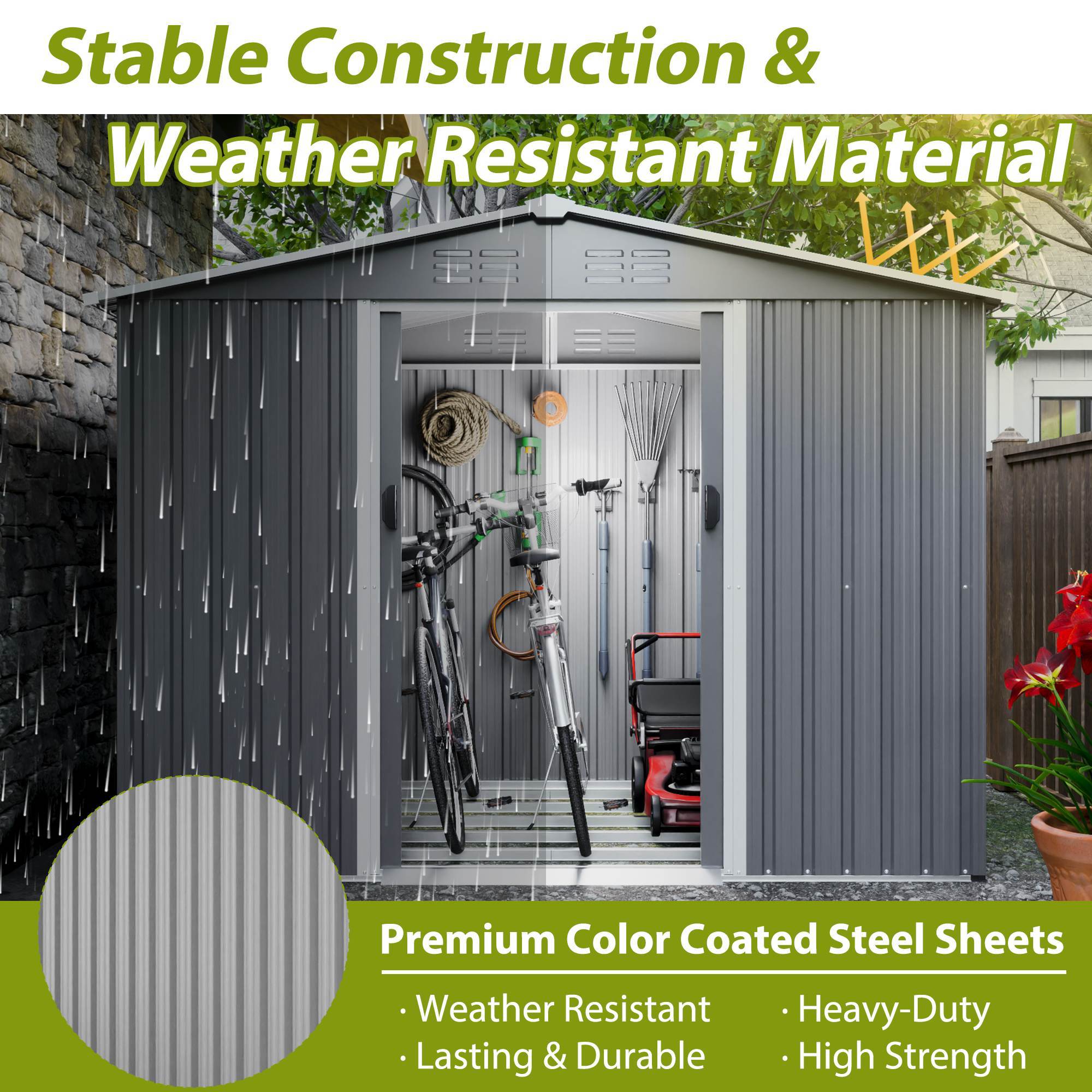 8x6 ft Gray Outdoor Metal Storage Shed with Foundation and Lockable Doors – All-Weather Tool Shed for Garden, Patio, and Backyard