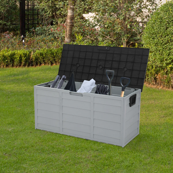 75 Gal Black Plastic Patio Storage Box with 130 lb Capacity – Outdoor Deck and Garden Organizer