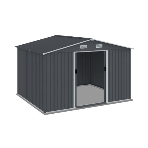 8x10 ft Grey Outdoor Metal Storage Shed with Sliding Doors and Air Vent – Heavy-Duty Tool and Bike Shed for Patio, Lawn, and Garden
