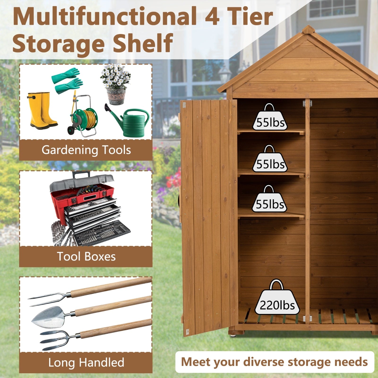 Outdoor Wooden Storage Cabinet with Shelves and Latch – Garden Tool Shed