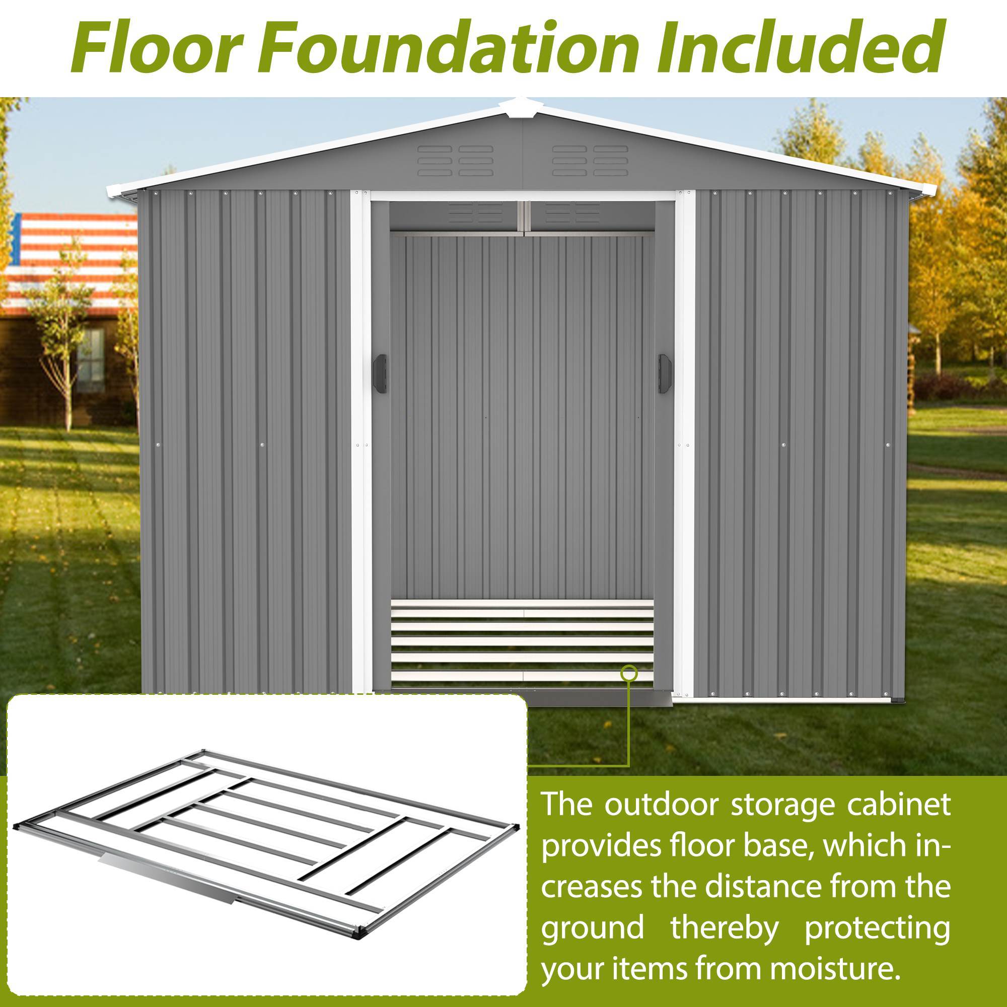 8x6 ft Gray Outdoor Metal Storage Shed with Foundation and Lockable Doors – All-Weather Tool Shed for Garden, Patio, and Backyard