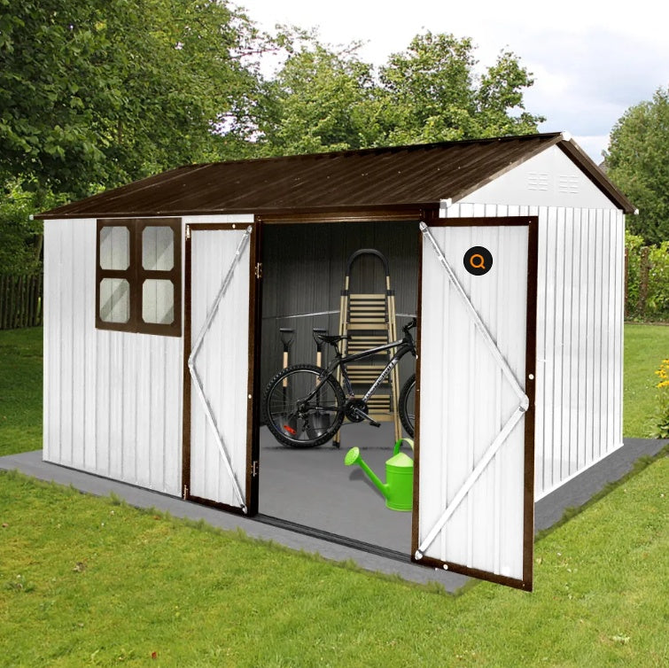 10x8 ft Metal Garden Shed with Window – Outdoor Storage Shed in White Coffee for Tools and Equipment