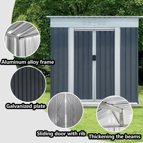 6x4 ft Outdoor Storage Shed with Pent Roof – Grey Metal Garden Tool Shed