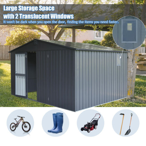 11x12.5 ft Dark Gray Outdoor Metal Storage Shed with Galvanized Steel Frame, Windows, and Lockable Door – Garden Tool and Utility Shed