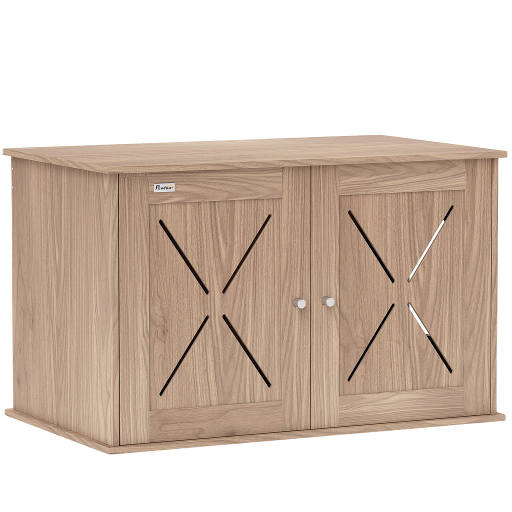 Walnut Hidden Cat Litter Box Enclosure with Ventilated Door and Cat Hole – Indoor Cat House and Washroom