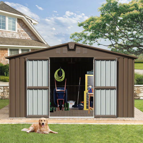 11x12.5 ft Brown Outdoor Metal Storage Shed with Galvanized Steel Frame, Windows, and Lockable Door – Garden Tool and Utility Shed