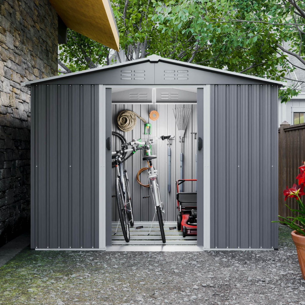 8x6 ft Gray Outdoor Metal Storage Shed with Foundation and Lockable Doors – All-Weather Tool Shed for Garden, Patio, and Backyard