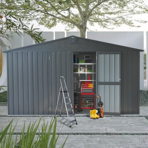 11x12.5 ft Dark Gray Outdoor Metal Storage Shed with Galvanized Steel Frame, Windows, and Lockable Door – Garden Tool and Utility Shed