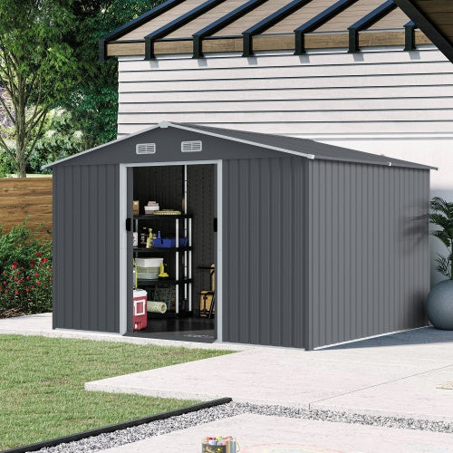 8x10 ft Grey Outdoor Metal Storage Shed with Sliding Doors and Air Vent – Heavy-Duty Tool and Bike Shed for Patio, Lawn, and Garden