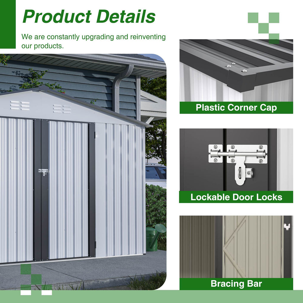 10x8 ft White Outdoor Metal Storage Shed with Lockable Doors – All-Weather Tool Shed for Garden, Patio, and Backyard