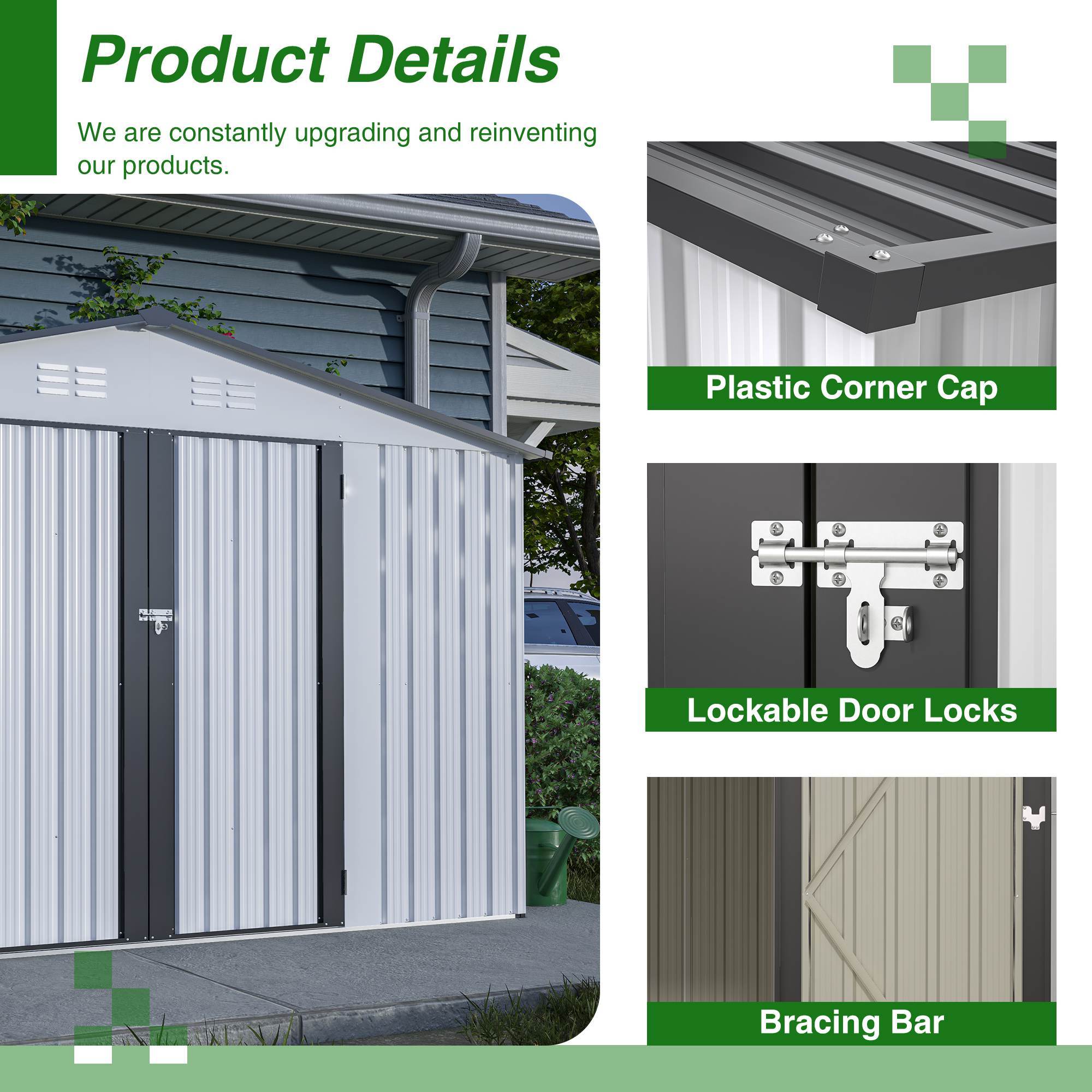 10x8 ft White Outdoor Metal Storage Shed with Lockable Doors – All-Weather Tool Shed for Garden, Patio, and Backyard