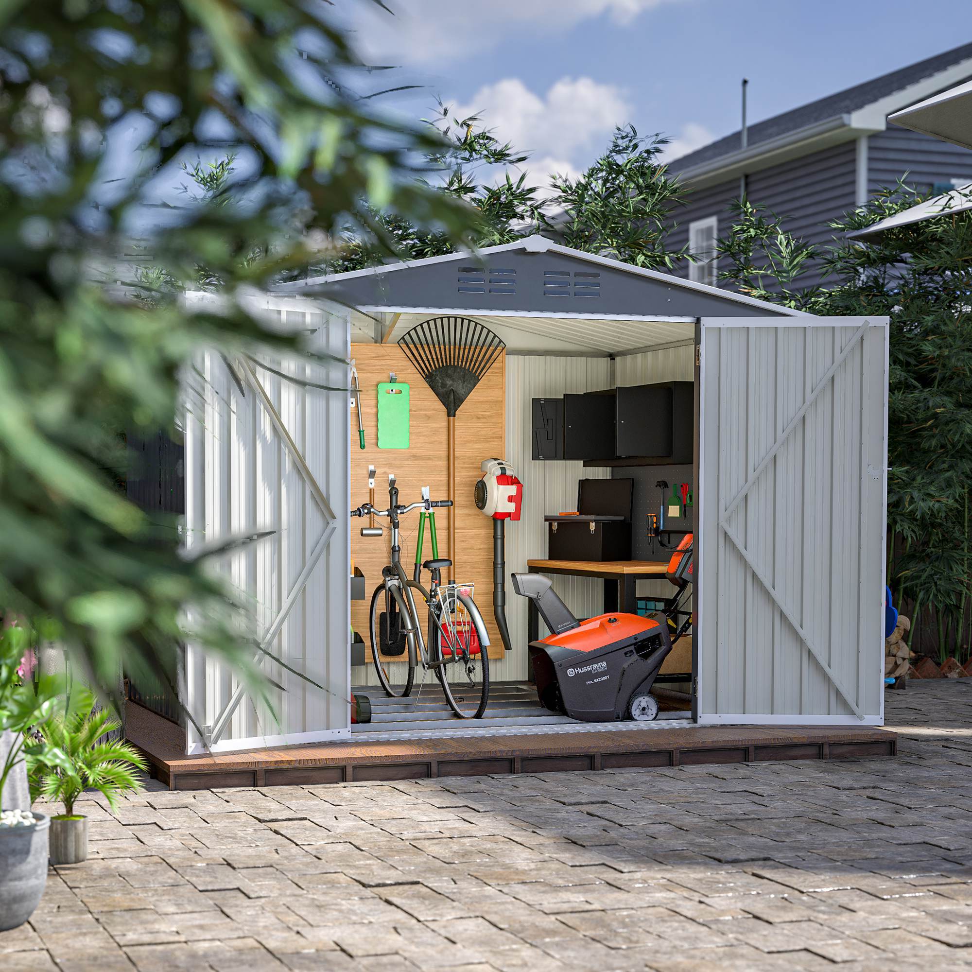 8x6 ft Gray Outdoor Waterproof Metal Storage Shed with Lockable Hinged Doors, Floor Frame, and Air Vents – Garden and Backyard Tool Shed