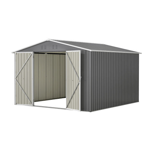 10x10 ft Grey Outdoor Metal Storage Shed with Lockable Doors – Large Garden and Tool Shed for Backyard, Patio, and Lawn